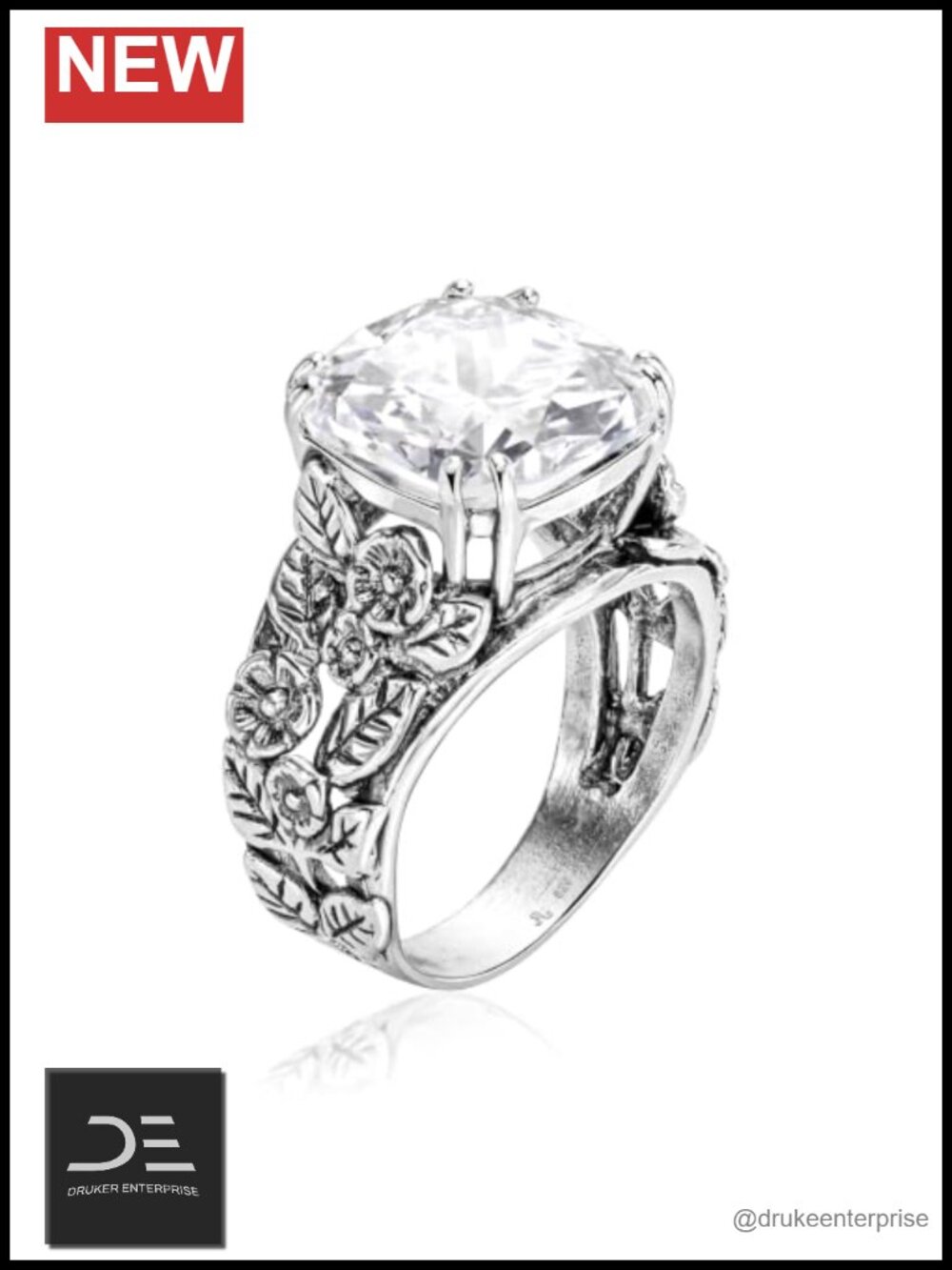 Vintage Floral Leaf CZ Cocktail Ring, 925 Sterling Silver, Hypoallergenic